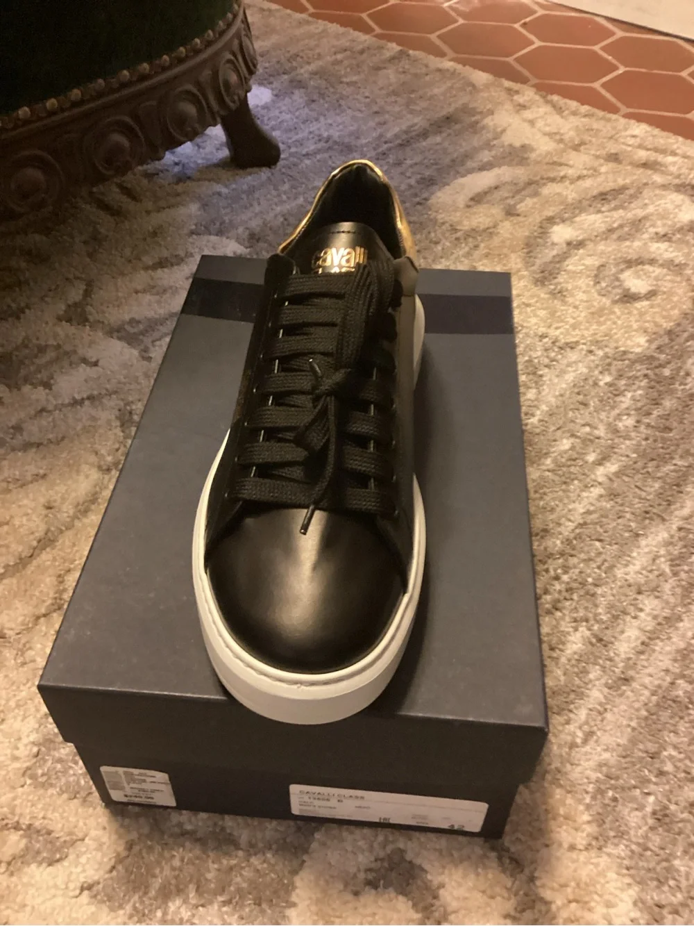Cavalli Class Men's Black & Gold Low-Top Sneaker with White Sole